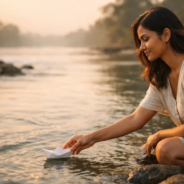 letting go | Young Sri Lankan woman at sunrise by a calm river, gently releasing a white paper boat into flowing water, warm golden light reflecting on the surface, peaceful and reflective mood with soft blurred background.