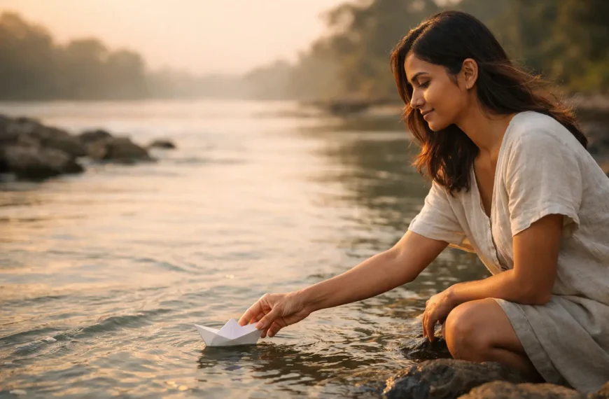 letting go | Young Sri Lankan woman at sunrise by a calm river, gently releasing a white paper boat into flowing water, warm golden light reflecting on the surface, peaceful and reflective mood with soft blurred background.