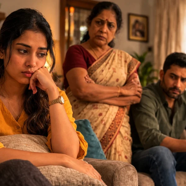 Toxic | Sri Lankan daughter-in-law sitting distressed on a sofa while a stern mother-in-law stands behind and a conflicted husband sits nearby, showing family tension inside a home.