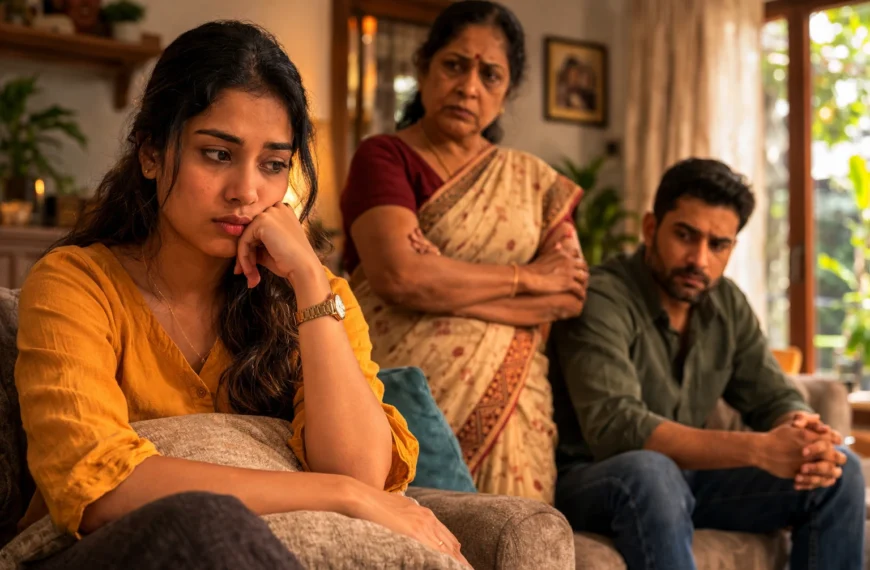 Toxic | Sri Lankan daughter-in-law sitting distressed on a sofa while a stern mother-in-law stands behind and a conflicted husband sits nearby, showing family tension inside a home.