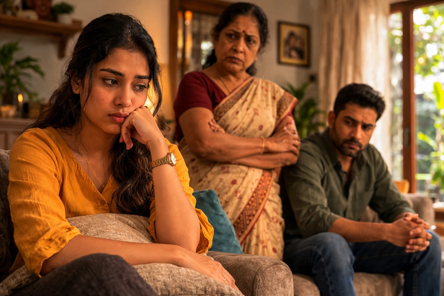 Toxic | Sri Lankan daughter-in-law sitting distressed on a sofa while a stern mother-in-law stands behind and a conflicted husband sits nearby, showing family tension inside a home.