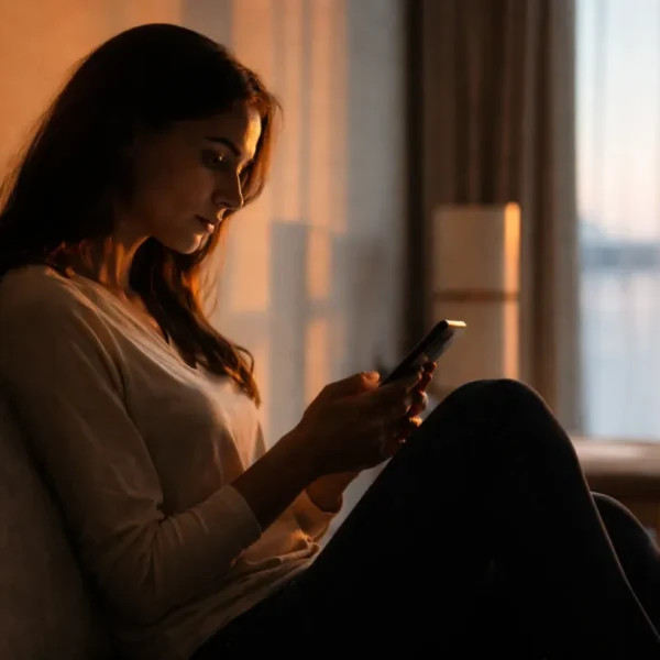 Breadcrumbing | A woman sitting alone on a sofa in soft evening light, looking at her phone in a quiet, reflective moment by the window.
