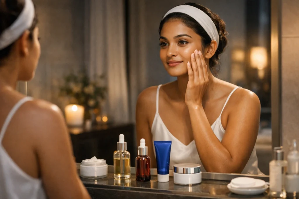 skin cycling | A young Sri Lankan woman standing in front of a bathroom mirror at night, gently applying skincare products with a calm expression, surrounded by neatly arranged serums, moisturiser, and beauty items, in a softly lit, warm and elegant self-care setting.
