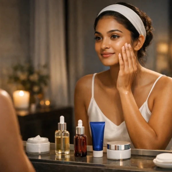 skin cycling | A young Sri Lankan woman standing in front of a bathroom mirror at night, gently applying skincare products with a calm expression, surrounded by neatly arranged serums, moisturiser, and beauty items, in a softly lit, warm and elegant self-care setting.