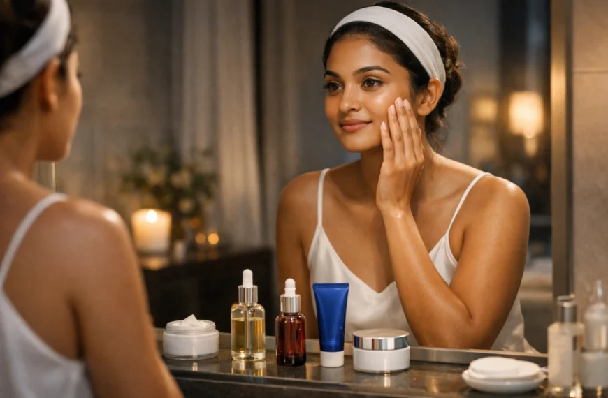skin cycling | A young Sri Lankan woman standing in front of a bathroom mirror at night, gently applying skincare products with a calm expression, surrounded by neatly arranged serums, moisturiser, and beauty items, in a softly lit, warm and elegant self-care setting.
