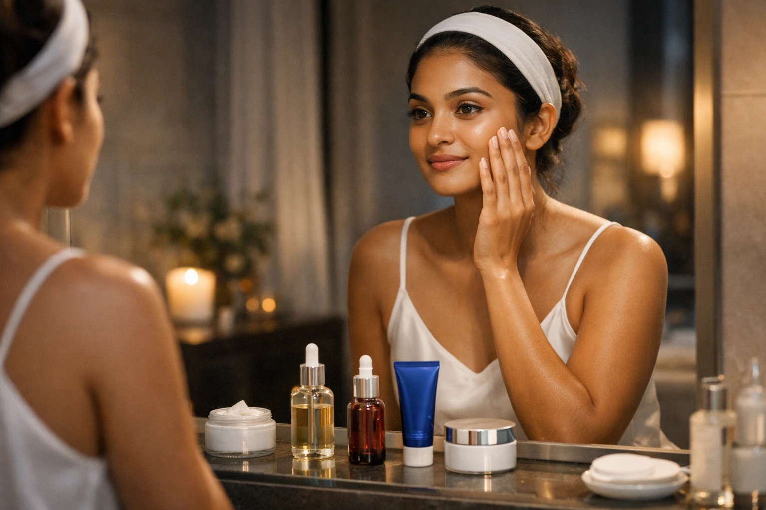 skin cycling | A young Sri Lankan woman standing in front of a bathroom mirror at night, gently applying skincare products with a calm expression, surrounded by neatly arranged serums, moisturiser, and beauty items, in a softly lit, warm and elegant self-care setting.