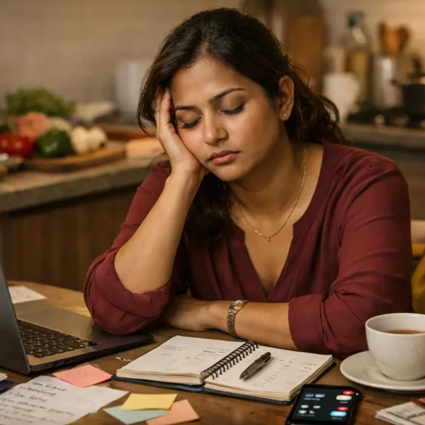 A mentally exhausted woman sitting at a table at the end of the day, surrounded by a laptop, notes, phone notifications, and household tasks, reflecting decision fatigue and emotional overwhelm