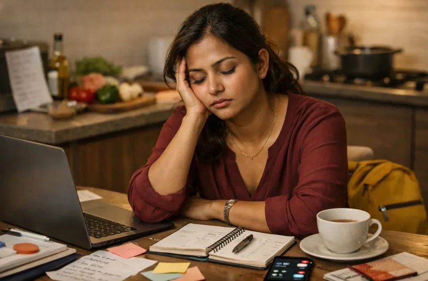 A mentally exhausted woman sitting at a table at the end of the day, surrounded by a laptop, notes, phone notifications, and household tasks, reflecting decision fatigue and emotional overwhelm