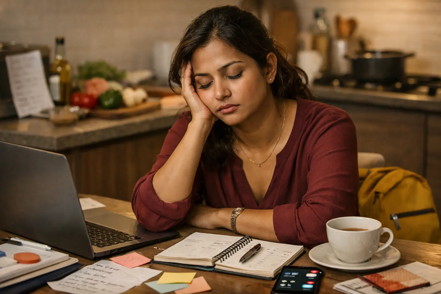 A mentally exhausted woman sitting at a table at the end of the day, surrounded by a laptop, notes, phone notifications, and household tasks, reflecting decision fatigue and emotional overwhelm