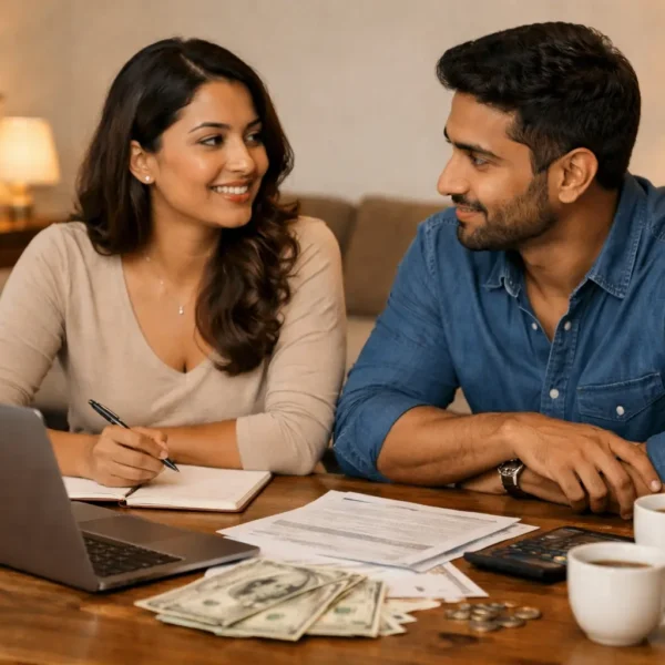 Financial intimacy | Sri Lankan couple sitting together at a table reviewing their finances, with a laptop, bills, calculator, and cash on the table, discussing budgeting in a calm and cooperative home setting