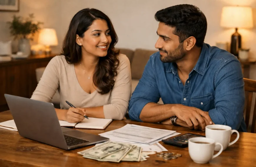 Financial intimacy | Sri Lankan couple sitting together at a table reviewing their finances, with a laptop, bills, calculator, and cash on the table, discussing budgeting in a calm and cooperative home setting