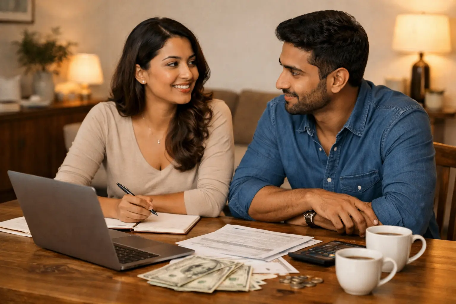 Financial intimacy | Sri Lankan couple sitting together at a table reviewing their finances, with a laptop, bills, calculator, and cash on the table, discussing budgeting in a calm and cooperative home setting