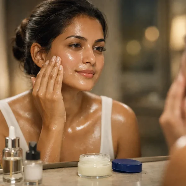 Slugging | A young Sri Lankan woman at night applying a thin layer of petroleum jelly to her face in front of a mirror, with naturally dewy, glowing skin and a minimal arrangement of skincare products on a softly lit vanity.