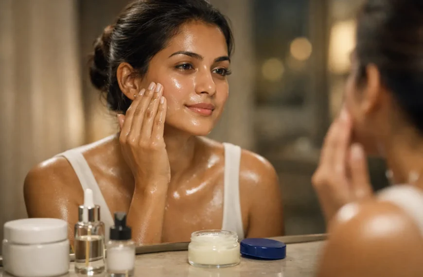 Slugging | A young Sri Lankan woman at night applying a thin layer of petroleum jelly to her face in front of a mirror, with naturally dewy, glowing skin and a minimal arrangement of skincare products on a softly lit vanity.