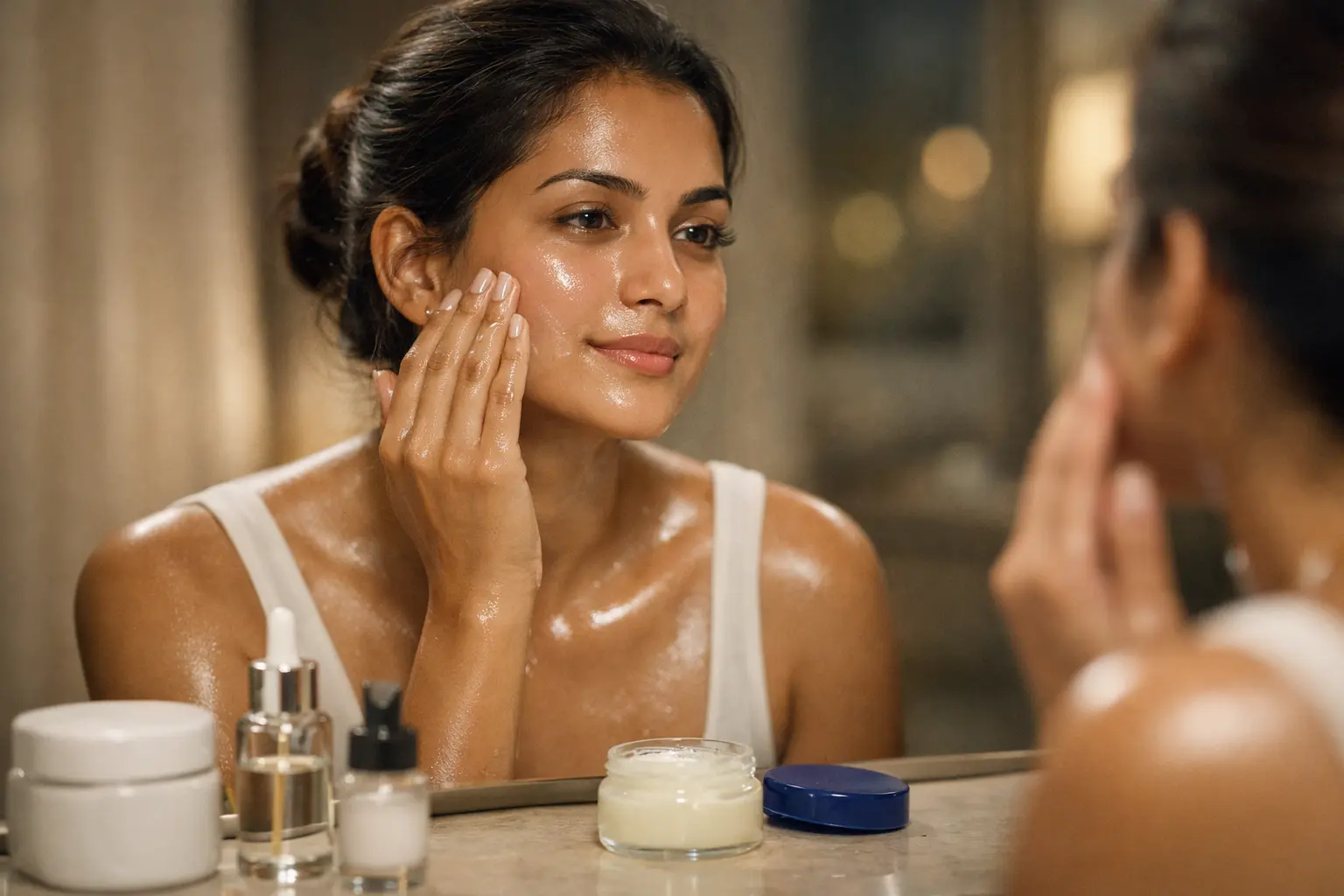 Slugging | A young Sri Lankan woman at night applying a thin layer of petroleum jelly to her face in front of a mirror, with naturally dewy, glowing skin and a minimal arrangement of skincare products on a softly lit vanity.