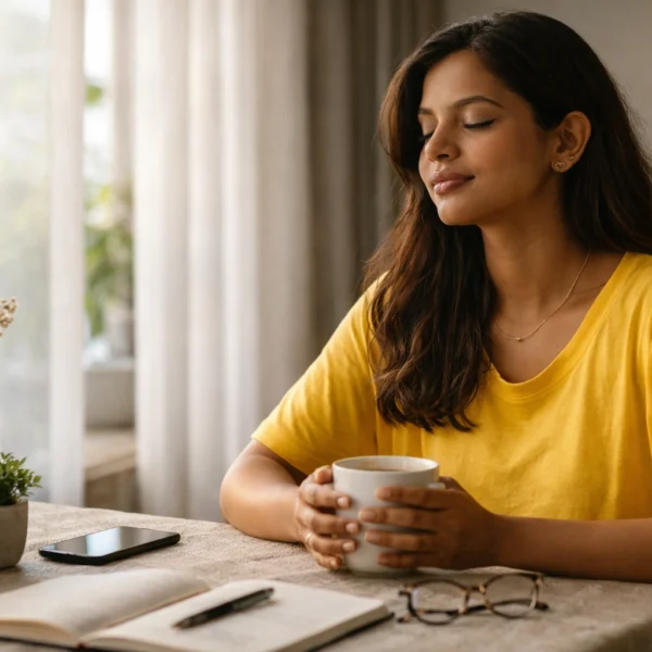 digital detox | A calm woman in a yellow T-shirt sitting by a window in soft morning light, holding a cup of tea with her phone placed face-down nearby, reflecting a peaceful digital detox moment.