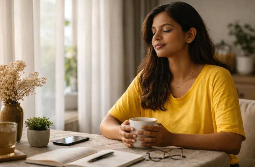 digital detox | A calm woman in a yellow T-shirt sitting by a window in soft morning light, holding a cup of tea with her phone placed face-down nearby, reflecting a peaceful digital detox moment.