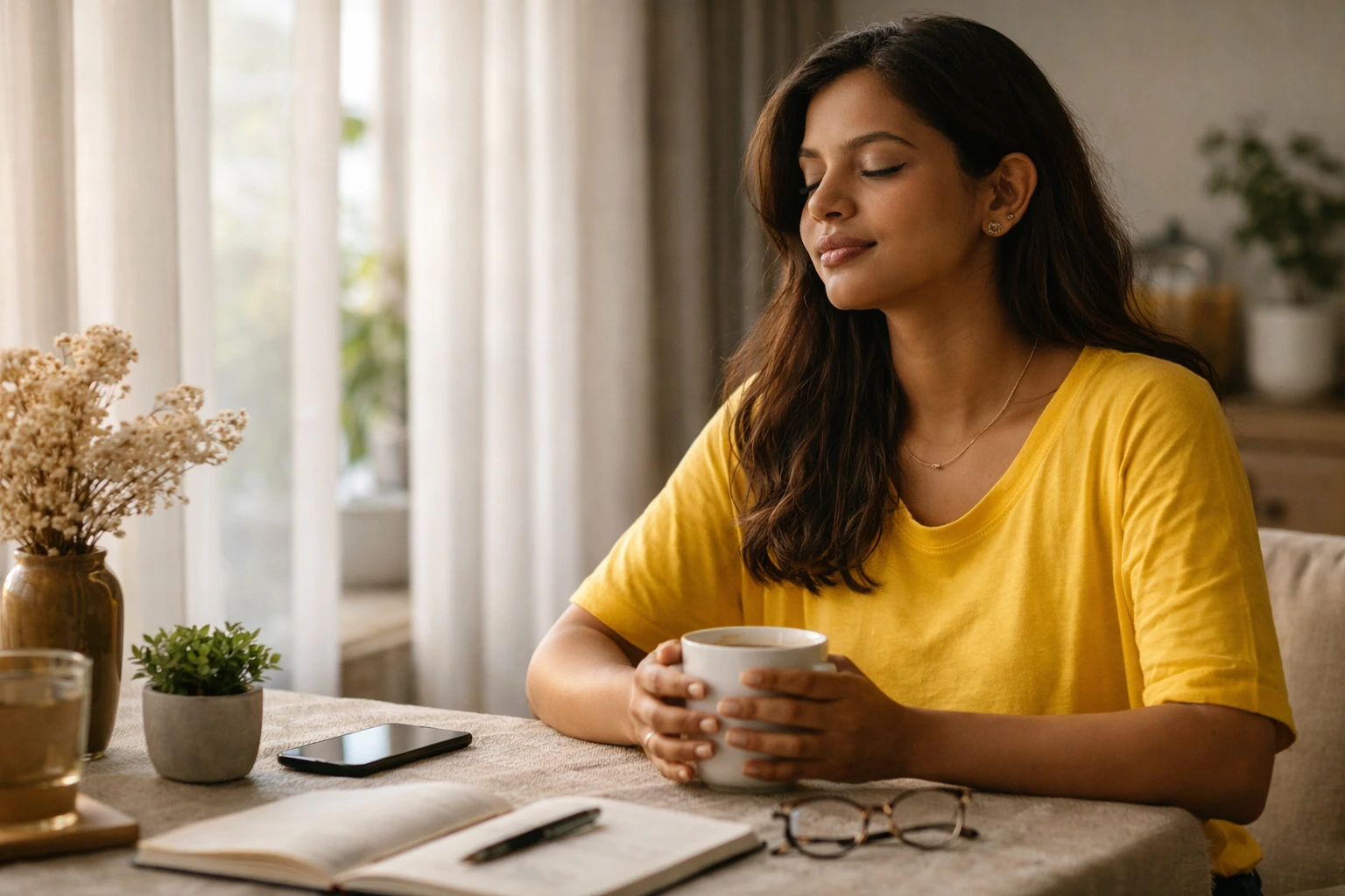 digital detox | A calm woman in a yellow T-shirt sitting by a window in soft morning light, holding a cup of tea with her phone placed face-down nearby, reflecting a peaceful digital detox moment.