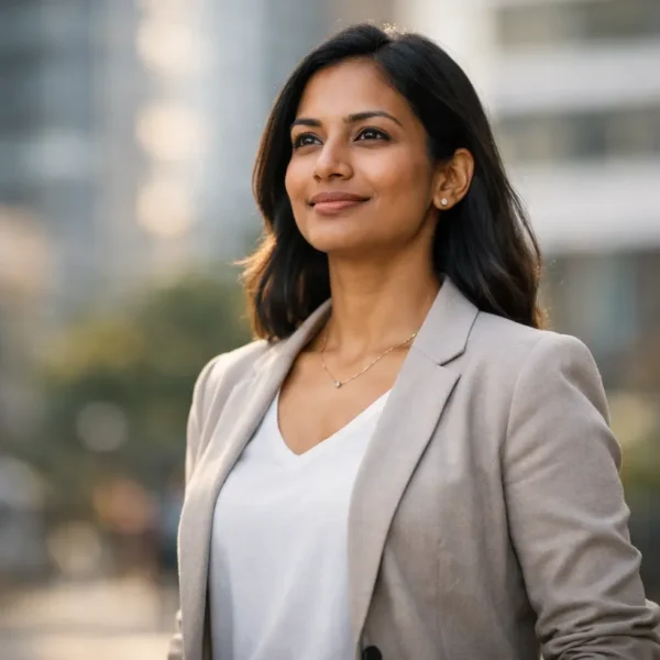 Confident Sri Lankan woman standing tall with strong posture in natural daylight, wearing smart-casual attire in an urban setting, symbolising independence and self-confidence.