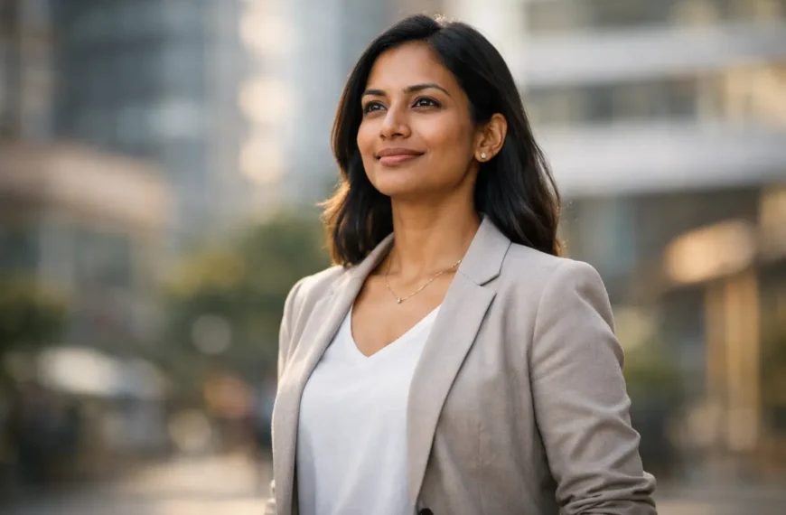 Confident Sri Lankan woman standing tall with strong posture in natural daylight, wearing smart-casual attire in an urban setting, symbolising independence and self-confidence.