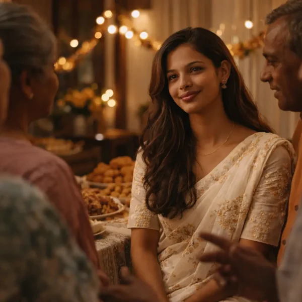 Boundaries | A young Sri Lankan woman calmly smiling at a family gathering while surrounded by older relatives, reflecting a composed and confident presence during an Avurudu celebration.