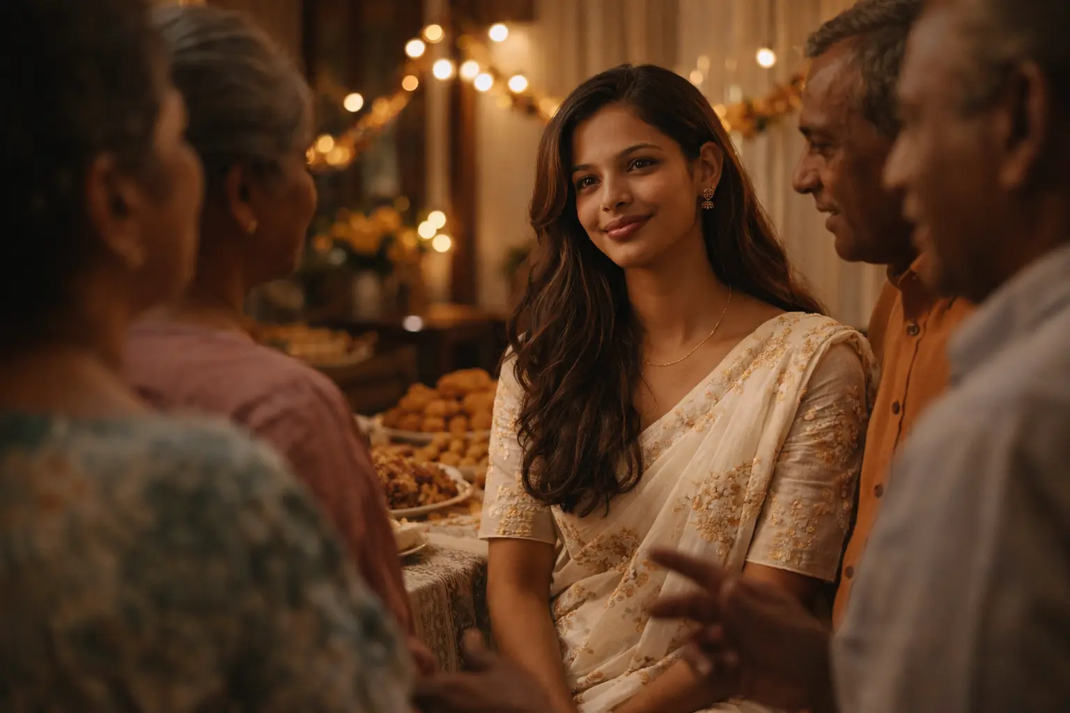 Boundaries | A young Sri Lankan woman calmly smiling at a family gathering while surrounded by older relatives, reflecting a composed and confident presence during an Avurudu celebration.