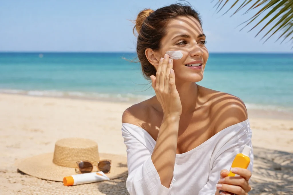 Sunscreen | A young woman sitting on a sunny beach applying sunscreen to her face, with soft palm leaf shadows across her skin, turquoise ocean in the background, and a straw hat and sunglasses placed nearby.
