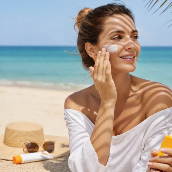 Sunscreen | A young woman sitting on a sunny beach applying sunscreen to her face, with soft palm leaf shadows across her skin, turquoise ocean in the background, and a straw hat and sunglasses placed nearby.
