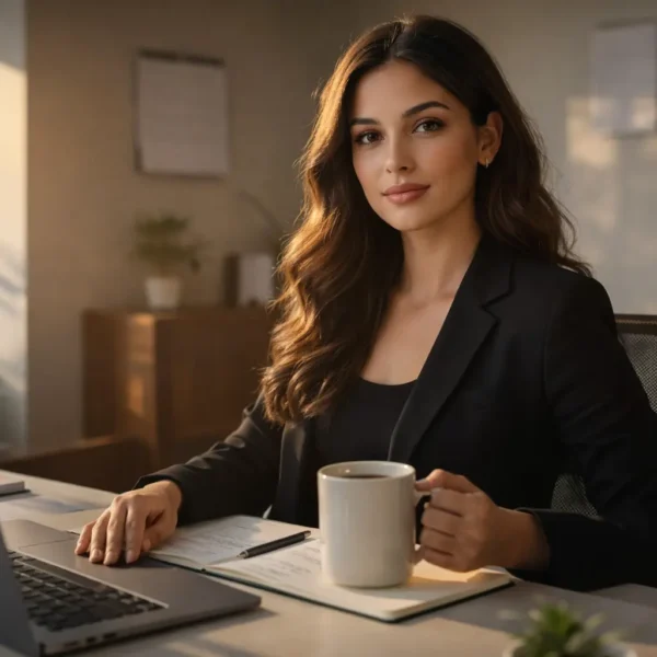 Post-Holiday Blues | A confident woman in a black blazer sitting at a desk with a laptop and coffee, focused and composed as she resumes work after a holiday.