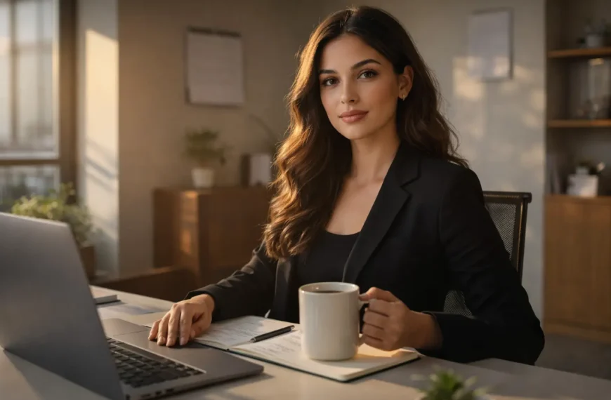 Post-Holiday Blues | A confident woman in a black blazer sitting at a desk with a laptop and coffee, focused and composed as she resumes work after a holiday.