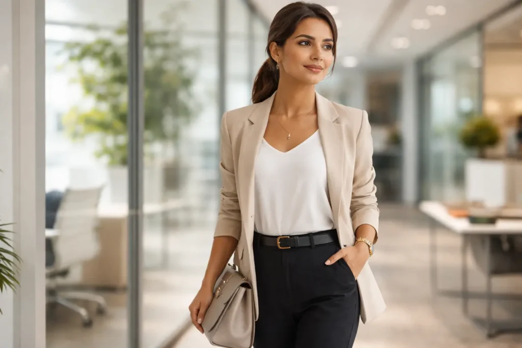 Professional | A young professional woman in a modern office setting wearing a neutral-toned blazer, white blouse, and black trousers, carrying a structured handbag and looking confident with a clean, polished appearance.