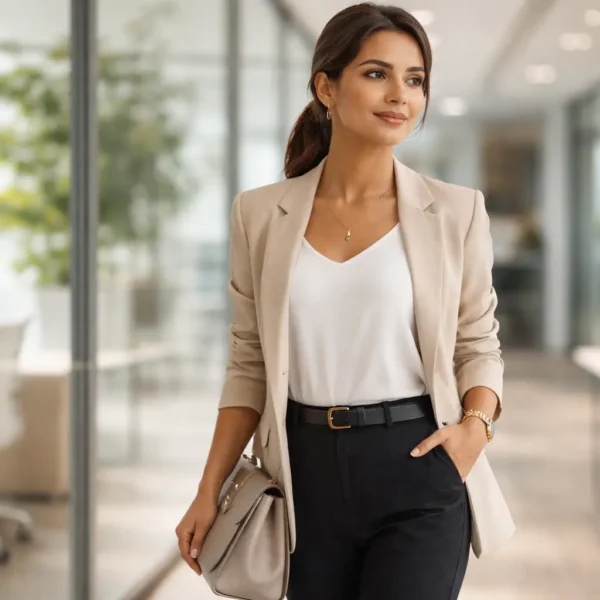 Professional | A young professional woman in a modern office setting wearing a neutral-toned blazer, white blouse, and black trousers, carrying a structured handbag and looking confident with a clean, polished appearance.