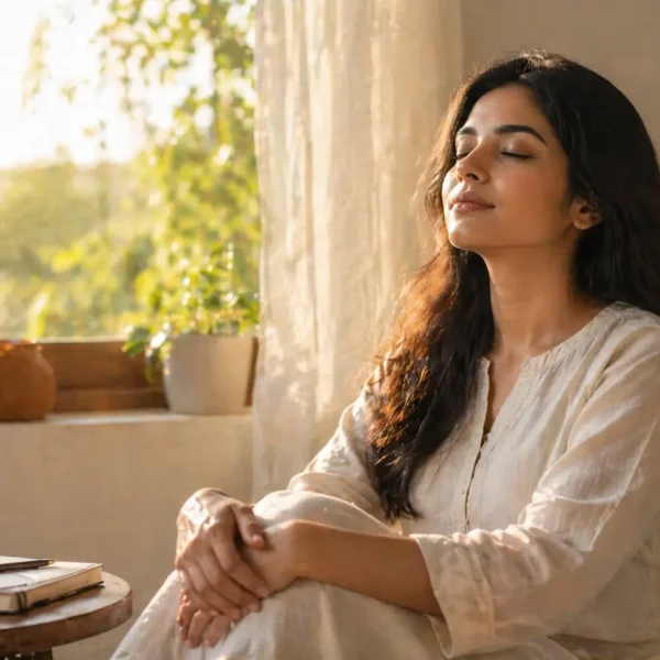 Mindfulness | A young woman sitting calmly by a sunlit window, eyes closed in a peaceful mindfulness moment, with a glass of water and notebook beside her.