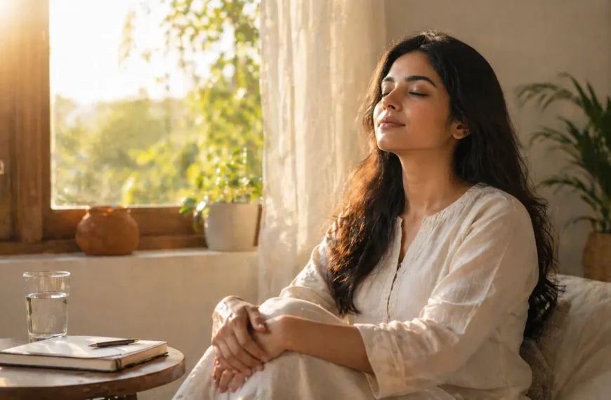 Mindfulness | A young woman sitting calmly by a sunlit window, eyes closed in a peaceful mindfulness moment, with a glass of water and notebook beside her.