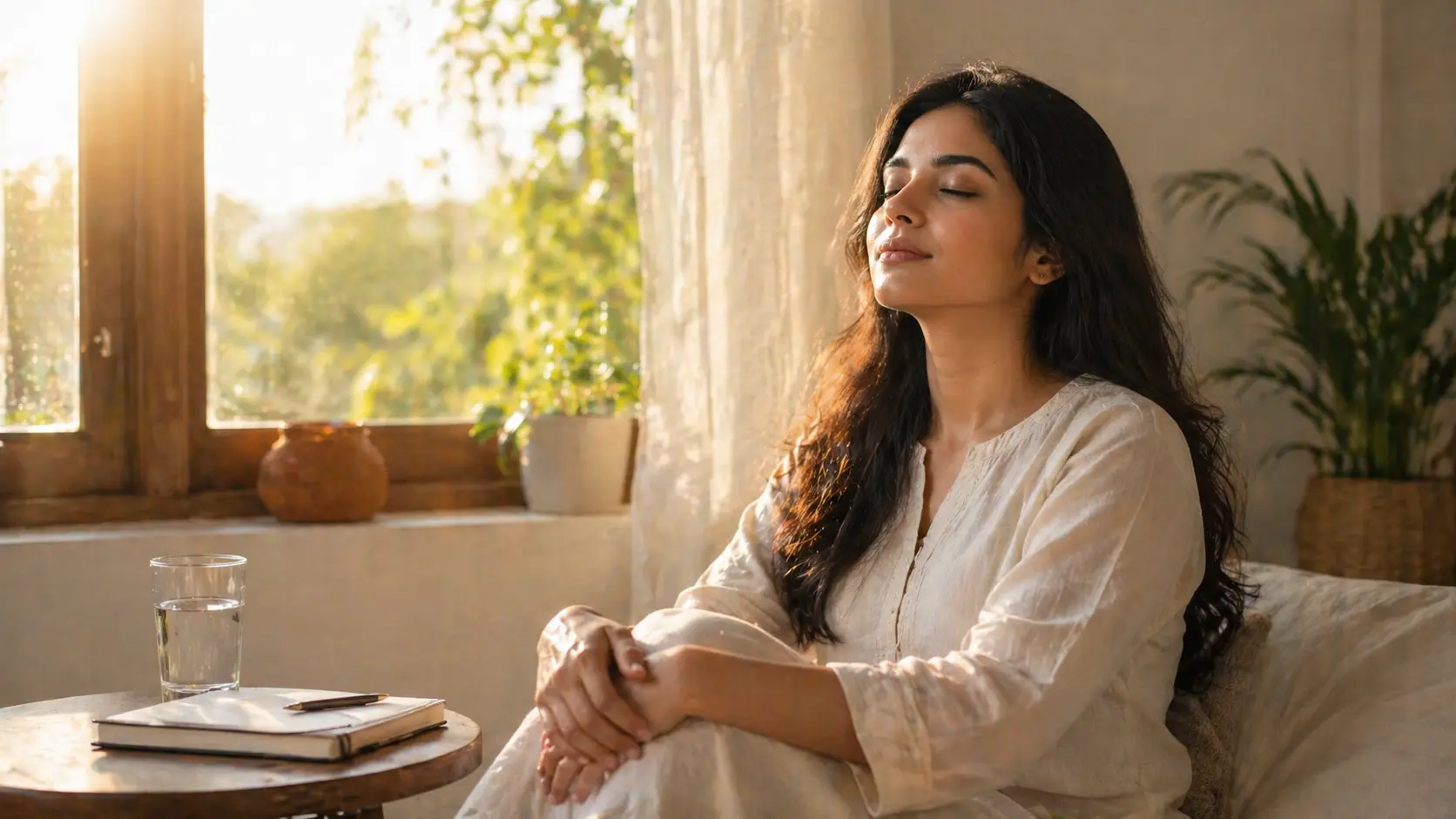 Mindfulness | A young woman sitting calmly by a sunlit window, eyes closed in a peaceful mindfulness moment, with a glass of water and notebook beside her.