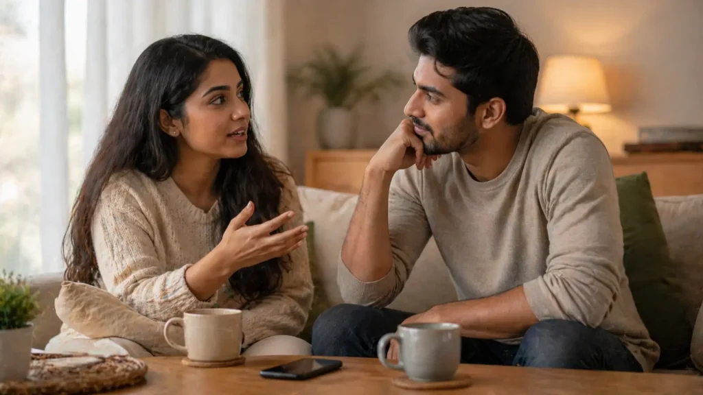 Active Listening | Sri Lankan couple sitting together in a cosy living room, having a calm conversation while the man listens attentively with eye contact, a phone placed face-down and cups of tea on the table, representing active listening and emotional connection