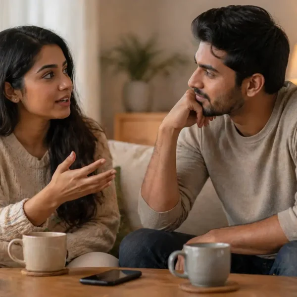 Active Listening | Sri Lankan couple sitting together in a cosy living room, having a calm conversation while the man listens attentively with eye contact, a phone placed face-down and cups of tea on the table, representing active listening and emotional connection