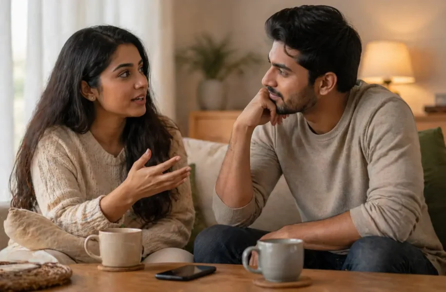 Active Listening | Sri Lankan couple sitting together in a cosy living room, having a calm conversation while the man listens attentively with eye contact, a phone placed face-down and cups of tea on the table, representing active listening and emotional connection