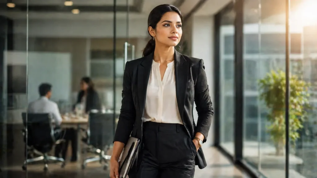 Power Dressing | A confident professional woman in a modern office setting wearing a tailored blazer and trousers, walking with strong posture while holding documents, with a blurred corporate environment in the background.