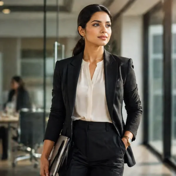 Power Dressing | A confident professional woman in a modern office setting wearing a tailored blazer and trousers, walking with strong posture while holding documents, with a blurred corporate environment in the background.
