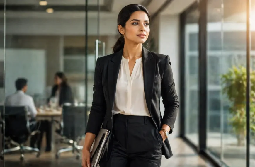 Power Dressing | A confident professional woman in a modern office setting wearing a tailored blazer and trousers, walking with strong posture while holding documents, with a blurred corporate environment in the background.