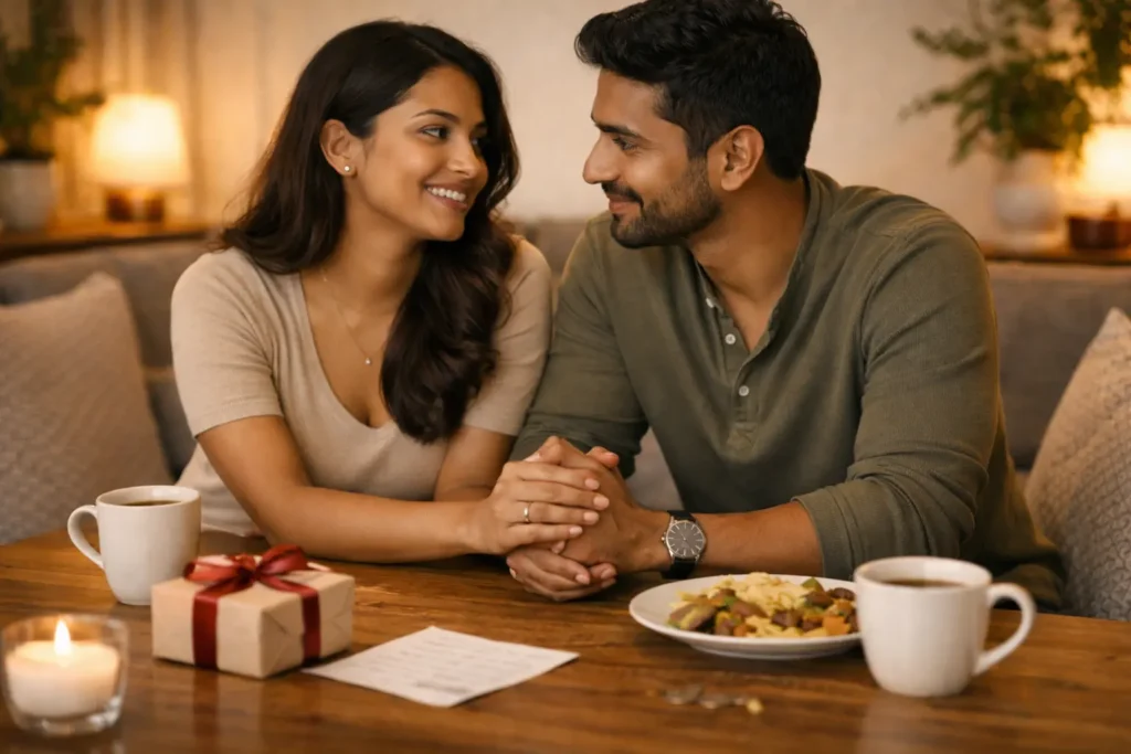 Love Language | Sri Lankan couple sitting close together at a table, holding hands and smiling at each other, with tea, a small gift box, and a meal in a warm, cosy home setting representing love and emotional connection