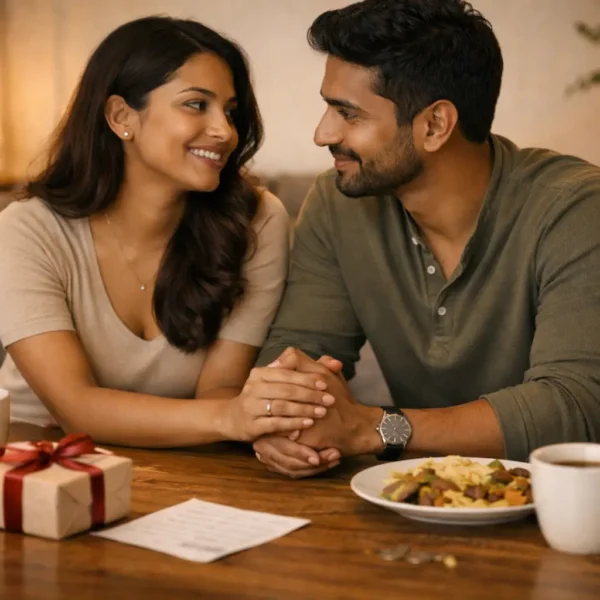 Love Language | Sri Lankan couple sitting close together at a table, holding hands and smiling at each other, with tea, a small gift box, and a meal in a warm, cosy home setting representing love and emotional connection