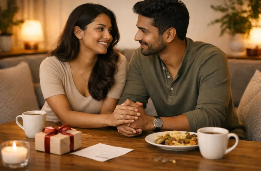Love Language | Sri Lankan couple sitting close together at a table, holding hands and smiling at each other, with tea, a small gift box, and a meal in a warm, cosy home setting representing love and emotional connection