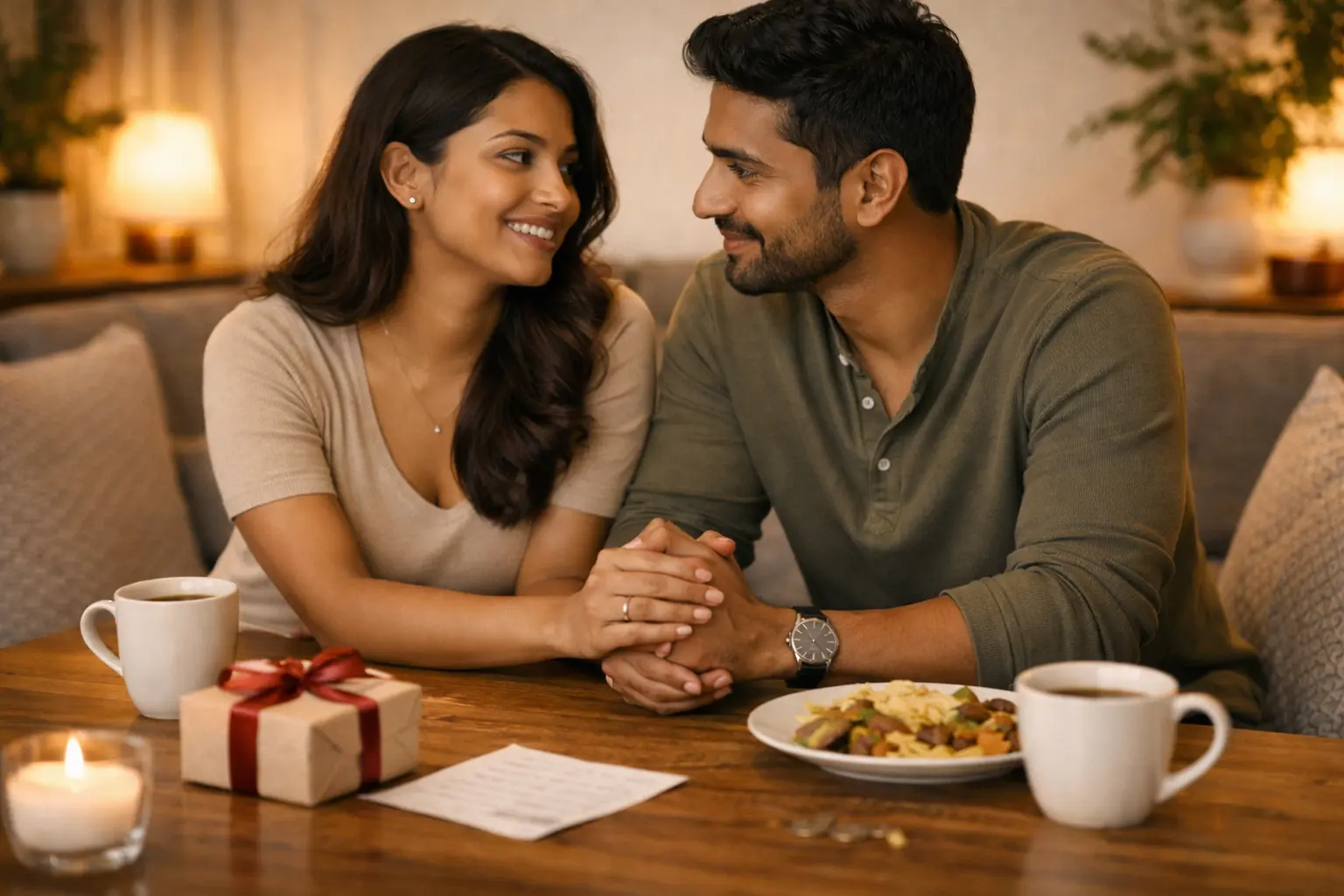 Love Language | Sri Lankan couple sitting close together at a table, holding hands and smiling at each other, with tea, a small gift box, and a meal in a warm, cosy home setting representing love and emotional connection