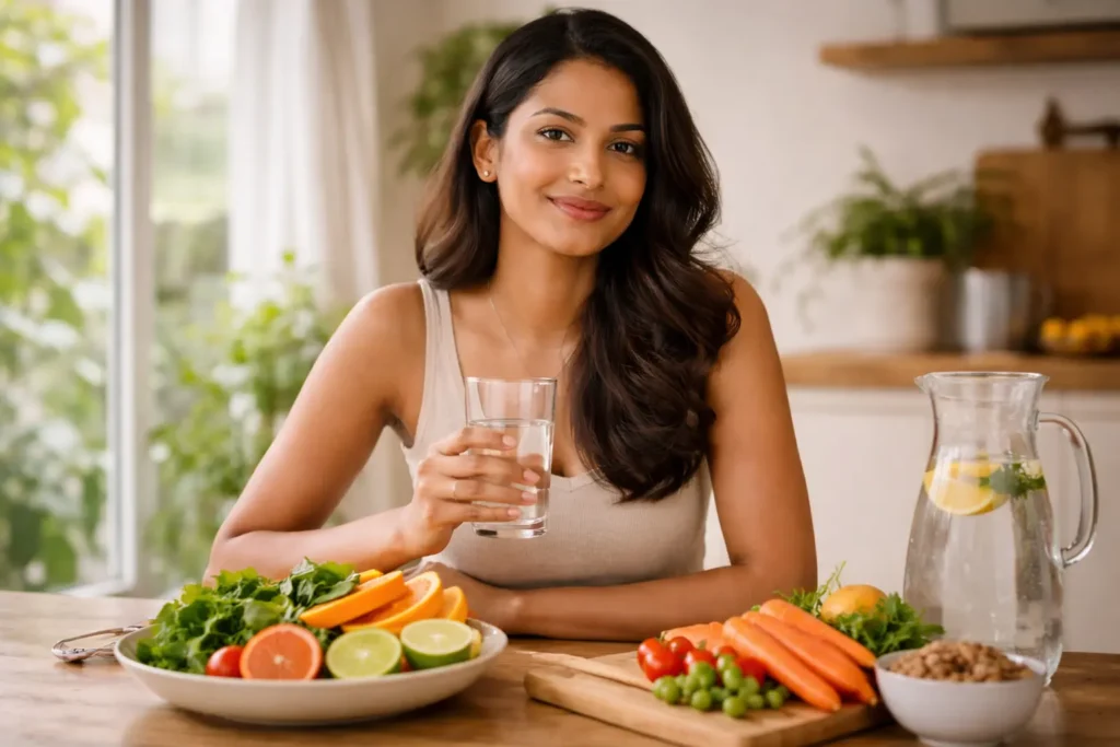 Glow | Young Sri Lankan woman with naturally glowing skin sitting in a bright kitchen, holding a glass of water, with fresh fruits, vegetables, and healthy foods on the table representing internal glow and natural beauty