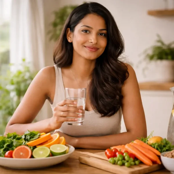 Glow | Young Sri Lankan woman with naturally glowing skin sitting in a bright kitchen, holding a glass of water, with fresh fruits, vegetables, and healthy foods on the table representing internal glow and natural beauty