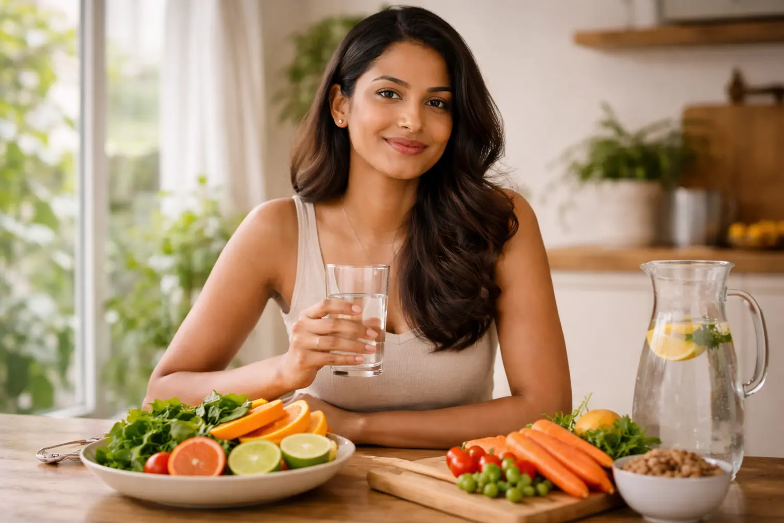 Glow | Young Sri Lankan woman with naturally glowing skin sitting in a bright kitchen, holding a glass of water, with fresh fruits, vegetables, and healthy foods on the table representing internal glow and natural beauty