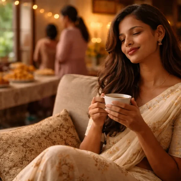 Holiday Guilt | A young Sri Lankan woman sitting peacefully with a cup of tea during Avurudu, enjoying a quiet moment while festive preparations continue in the background.
