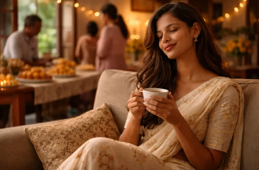 Holiday Guilt | A young Sri Lankan woman sitting peacefully with a cup of tea during Avurudu, enjoying a quiet moment while festive preparations continue in the background.